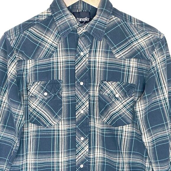 WRANGLER Men’s Blue Plaid Flannel Western Snap Front Shirt Medium - Picture 2 of 5